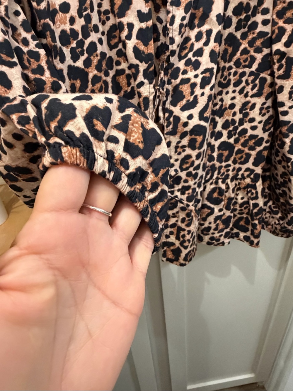 Leopard Print Tie-Neck Peplum Blouse - Brown & Black - Picture 2 of 5